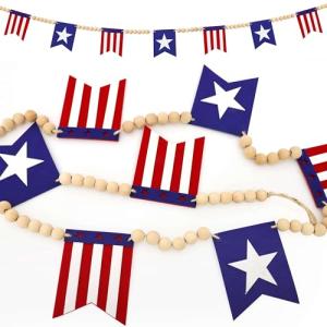 5.1 FT 4th of July Patriotic American Flag Wood Bead Garland Banner - Independence Day Decorations for Fireplace Mantle, Red White Blue Decor for Memorial Day, Veterans Day & Party Supplies