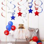 Red Blue Silver Star Hanging Swirl Decorations Stars Streamers Foil Swirls for Ceiling Decorations Graduation Party Supplies 4th of July Patriotic Decorations, Pack of 42