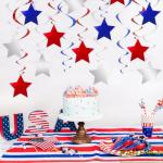 Red Blue Silver Star Hanging Swirl Decorations Stars Streamers Foil Swirls for Ceiling Decorations Graduation Party Supplies 4th of July Patriotic Decorations, Pack of 42