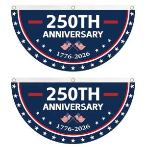 KIIPOAPAU 2PCS 250 Years Anniversary Flag Bunting 1.5X3 FT 1776-2026 Fan Flags Patriotic Stars Yard Signs Party Supplies Hanging Decor for Room House Welcome Backdrop with Brass Grommets