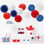 Fourth-4th Of July Imemorial-Day Party-Decorations - 15pcs Red White Blue Paper-Flowers Lanterns,Patriotic Graduation Tissue Pom Poms Streamers,Independence Veterans Hanging Supplies Decor Hugfond