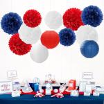Fourth-4th Of July Imemorial-Day Party-Decorations - 15pcs Red White Blue Paper-Flowers Lanterns,Patriotic Graduation Tissue Pom Poms Streamers,Independence Veterans Hanging Supplies Decor Hugfond
