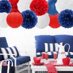 Fourth-4th Of July Imemorial-Day Party-Decorations - 15pcs Red White Blue Paper-Flowers Lanterns,Patriotic Graduation Tissue Pom Poms Streamers,Independence Veterans Hanging Supplies Decor Hugfond