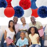 Fourth-4th Of July Imemorial-Day Party-Decorations - 15pcs Red White Blue Paper-Flowers Lanterns,Patriotic Graduation Tissue Pom Poms Streamers,Independence Veterans Hanging Supplies Decor Hugfond