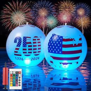 Patriotic Solar LED Floating Pool Lights Inflatable(2-Pack) - 16" Glow Ball with US 250th Anniversary Designs, Color Changing Float/Hang/In-Ground Ball with Remote for July 4th, Independence Day Decor