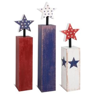 COCHIE 4th of July Decorations Set, Red White Blue Decor, Wooden Patriotic Memorial Day Tiered Tray Decor, Labor Day Decorations, Fourth of July Decoration for Home Office Table (Solid Retro)