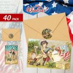 Whaline 40Pcs Patriotic Greeting Cards 10 Designs Vintage 4th of July Note Card with Stickers Envelopes for Independence Day Party Favors Classroom Home Office Supplies, 4 x 6 Inch