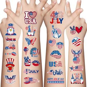 Awinmay 4th of July Temporary Tattoos - 80 Pcs Independence Day American Flag Red White and Blue Tattoos for Kids,Memorial Day,Labor Day,Fourth of July Party Decorations and USA Party Favors 10 Sheets