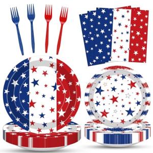 100 Pcs Patriotic Party Supplies Set, Serves 25 – Disposable Red White Blue Star Paper Plates, Napkins, and Forks, American Flag Themed Tableware for 4th of July, Memorial Day, Labor Day Decorations