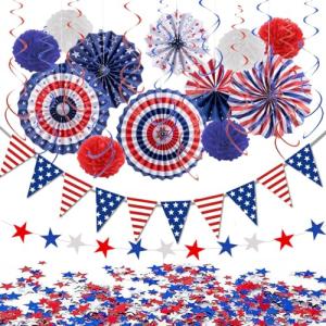 PintreeLand 27PCS 4th of July Patriotic Party Decorations Set–Red White Blue Paper Fans, Star Pom Poms, USA Flag Pennant, Swirl Streamers for Memorial Day Home, Office Decor