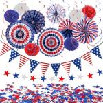 PintreeLand 27PCS 4th of July Patriotic Party Decorations Set–Red White Blue Paper Fans, Star Pom Poms, USA Flag Pennant, Swirl Streamers for Memorial Day Home, Office Decor