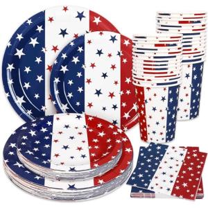 Whaline 96Pcs Patriotic Party Tableware Set with Paper Plate Napkin Cup Red White Blue Star 4th of July Disposable Dinnerware for 24 Guests Independence Day Party Table Decor