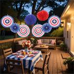 PintreeLand 27PCS 4th of July Patriotic Party Decorations Set–Red White Blue Paper Fans, Star Pom Poms, USA Flag Pennant, Swirl Streamers for Memorial Day Home, Office Decor