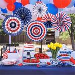PintreeLand 27PCS 4th of July Patriotic Party Decorations Set–Red White Blue Paper Fans, Star Pom Poms, USA Flag Pennant, Swirl Streamers for Memorial Day Home, Office Decor