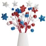 4 Pack 15" Large Patriotic Glitter Ball Centerpiece Stems, Independence Day Artificial Berry Stem Star Picks, 4th of July Red White Blue Pentagram Faux Berry Branch Sticks for Memorial Day Home Decor