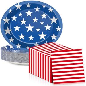 QOUBAI Patriotic Oval Paper Plates 11inch 4th of July American Flag Paper Plate and Napkin, Dish Tray Independence Party Decoration Supplies for Veterans Election Day Memorial Day Tableware, 25 Guest