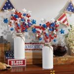 4 Pack 15" Large Patriotic Glitter Ball Centerpiece Stems, Independence Day Artificial Berry Stem Star Picks, 4th of July Red White Blue Pentagram Faux Berry Branch Sticks for Memorial Day Home Decor