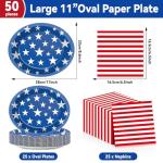 QOUBAI Patriotic Oval Paper Plates 11inch 4th of July American Flag Paper Plate and Napkin, Dish Tray Independence Party Decoration Supplies for Veterans Election Day Memorial Day Tableware, 25 Guest