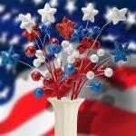 4 Pack 15" Large Patriotic Glitter Ball Centerpiece Stems, Independence Day Artificial Berry Stem Star Picks, 4th of July Red White Blue Pentagram Faux Berry Branch Sticks for Memorial Day Home Decor