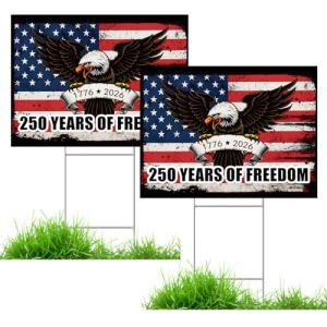 2 Pack 250th Anniversary Patriotic Yard Sign 12" x 17" with H Stakes, Double Sided American Flag Eagle 1776-2026 Waterproof Independence Day Lawn and Garden Decor, 250 Years of Freedom Outdoor Welcome Sign