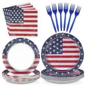 Grencian American Flag Patriotic Party Supplies Veterans Day Patriotic Paper Plates and Napkins USA Flag Themed Disposable Tableware for Veterans Day 4th of July Party Decorations Serve 24