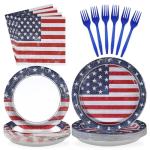 Grencian American Flag Patriotic Party Supplies Veterans Day Patriotic Paper Plates and Napkins USA Flag Themed Disposable Tableware for Veterans Day 4th of July Party Decorations Serve 24