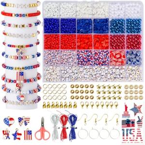 Goldwise 2958 Pcs 4th of July Red White and Blue Beads Bracelet Making Kit with Clay Beads Glass Seed Beads Tattoo Stickers, Patriotic Beads for Jewelry Making with Letter Beads and Charms