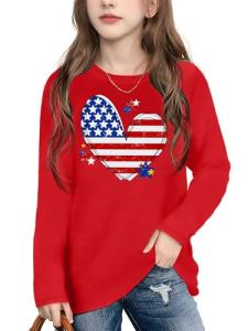 Ithalt Girls 4th of July Outfit Kids American Flag T Shirt Patriotic Long Sleeve Shirt USA T-Shirt Fourth of July Tops 5-14y(BRed,120)