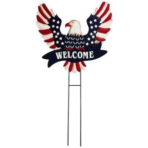 Patriotic American Eagle Garden Stake Outdoor Decor – Metal Yard Art Decor with Welcome Banner and Stars, Red White Blue Metal Americana Yard Signs 4th of July Outdoor Decorations for Garden or Lawn