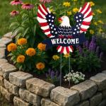 Patriotic American Eagle Garden Stake Outdoor Decor – Metal Yard Art Decor with Welcome Banner and Stars, Red White Blue Metal Americana Yard Signs 4th of July Outdoor Decorations for Garden or Lawn