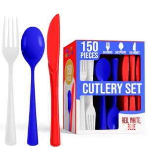 150 Pcs Red, White, and Blue Dinnerware Set