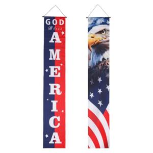 2pcs 4th of July Door Banner, American Flag Hanging Banner Stars Stripes Independence Memorial Festival Porch Decor Patriotic Flags Sign for Home Yard Indoor & Outdoor Use
