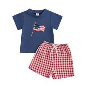 Meiweileya 4th Of July Toddler Baby Boy Outfits Short Sleeve American Flag Embroidery Tshirt Plaid Shorts Set Patriotic Summer Clothes (Blue, 18-24 Months)