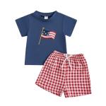Meiweileya 4th Of July Toddler Baby Boy Outfits Short Sleeve American Flag Embroidery Tshirt Plaid Shorts Set Patriotic Summer Clothes (Blue, 18-24 Months)