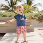 Meiweileya 4th Of July Toddler Baby Boy Outfits Short Sleeve American Flag Embroidery Tshirt Plaid Shorts Set Patriotic Summer Clothes (Blue, 18-24 Months)