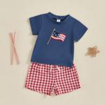 Meiweileya 4th Of July Toddler Baby Boy Outfits Short Sleeve American Flag Embroidery Tshirt Plaid Shorts Set Patriotic Summer Clothes (Blue, 18-24 Months)