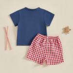 Meiweileya 4th Of July Toddler Baby Boy Outfits Short Sleeve American Flag Embroidery Tshirt Plaid Shorts Set Patriotic Summer Clothes (Blue, 18-24 Months)