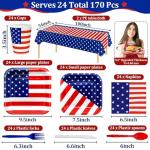 170 Pcs 4th of July Decorations American Flag Patriotic Party Supplies Serve 24, 4th of July Plates Napkins Cups Knives Forks Spoons Tablecloths Red White and Blue Decorations for Independence Day