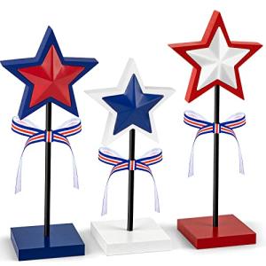3 Pieces 4th of July Tiered Tray Decor Wood Star Set, Memorial Day Table Decorations, Rustic Patriotic Table Decorations, Red White and Blue Decorations for Home Tables(Classic)