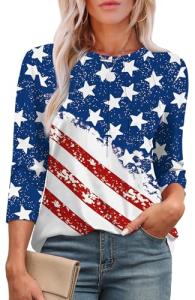 XIEERDUO 4th of July Shirts Women Round Neck 3/4 Length Sleeve Womens Summer Tops American Flag White Blouse M