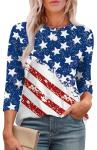 XIEERDUO 4th of July Shirts Women Round Neck 3/4 Length Sleeve Womens Summer Tops American Flag White Blouse M