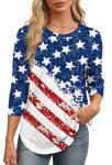 XIEERDUO 4th of July Shirts Women Round Neck 3/4 Length Sleeve Womens Summer Tops American Flag White Blouse M