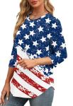 XIEERDUO 4th of July Shirts Women Round Neck 3/4 Length Sleeve Womens Summer Tops American Flag White Blouse M