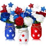 Pickmesh 34 Pcs 4th of July Decorations Patriotic Mason Jar Table Centerpiece with Flowers Star Ornaments Red Blue White Mason Jars Decor Memorial Day Independence Day Party Table Decorations Gift