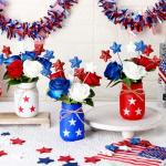 Pickmesh 34 Pcs 4th of July Decorations Patriotic Mason Jar Table Centerpiece with Flowers Star Ornaments Red Blue White Mason Jars Decor Memorial Day Independence Day Party Table Decorations Gift