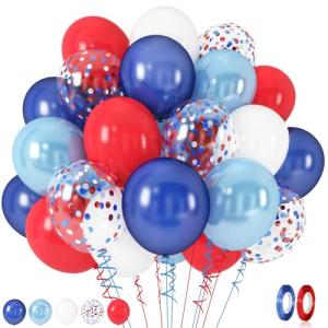 Red White Blue Balloons, 60pcs Pearl Navy Light Blue Matte Red White Confetti Helium Latex Balloons for Patriotic Veterans Memorial Day Baseball Nautical Theme Birthday Baby Shower Party Decorations