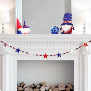 5.2 FT Patriotic Star Beaded Garland – Red White Blue Felt Star & Wooden Bead Banner, Rustic Farmhouse 4th of July Decorations for Shelf, Mantel, Fireplace, Wall, Memorial Day & Independence Day Decor