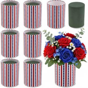 Acellegic 6 Set Patriotic Table Centerpieces Patriotic Vases with Removable Foam Blocks Red White and Blue Flower Box Cardboard Vases for Flowers Mason Jars Utensil Holder for Kitchen Home 4th of July