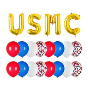 Patriotic Military Balloons,Marine Corps Theme Party Decoration Balloons,4 Mylar Balloons&16 Patriotic Red White Blue Latex Balloons