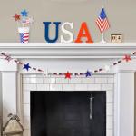 5.2 FT Patriotic Star Beaded Garland – Red White Blue Felt Star & Wooden Bead Banner, Rustic Farmhouse 4th of July Decorations for Shelf, Mantel, Fireplace, Wall, Memorial Day & Independence Day Decor